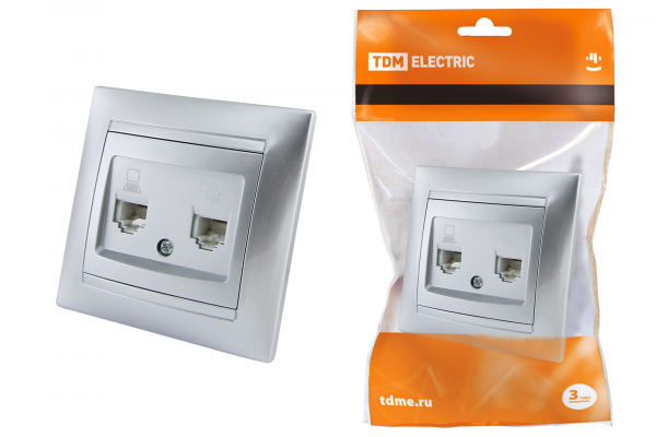 Розетка телефонная RJ11 + компьютерная RJ45 серебр. металлик Лама